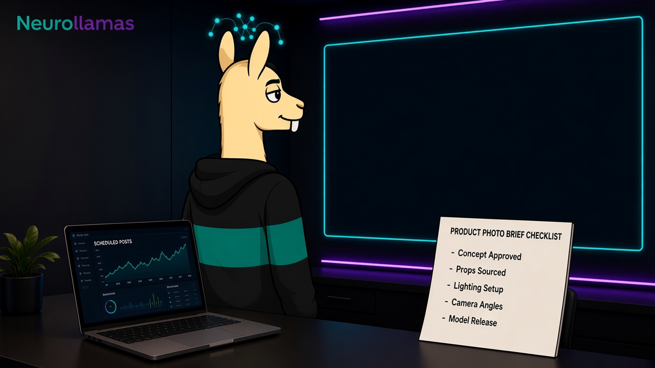 Product photo brief checklist beside a laptop in a cyan and magenta studio