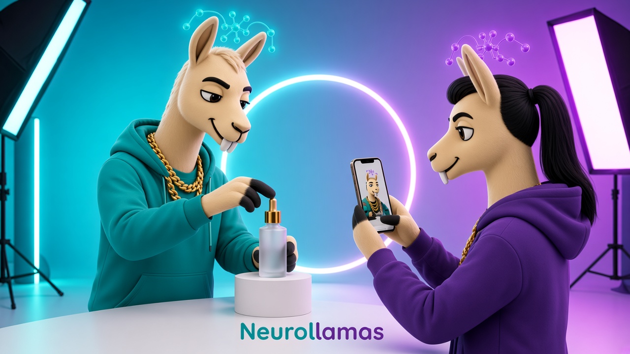 Neurollamas mascots photographing a product under the studio ring light