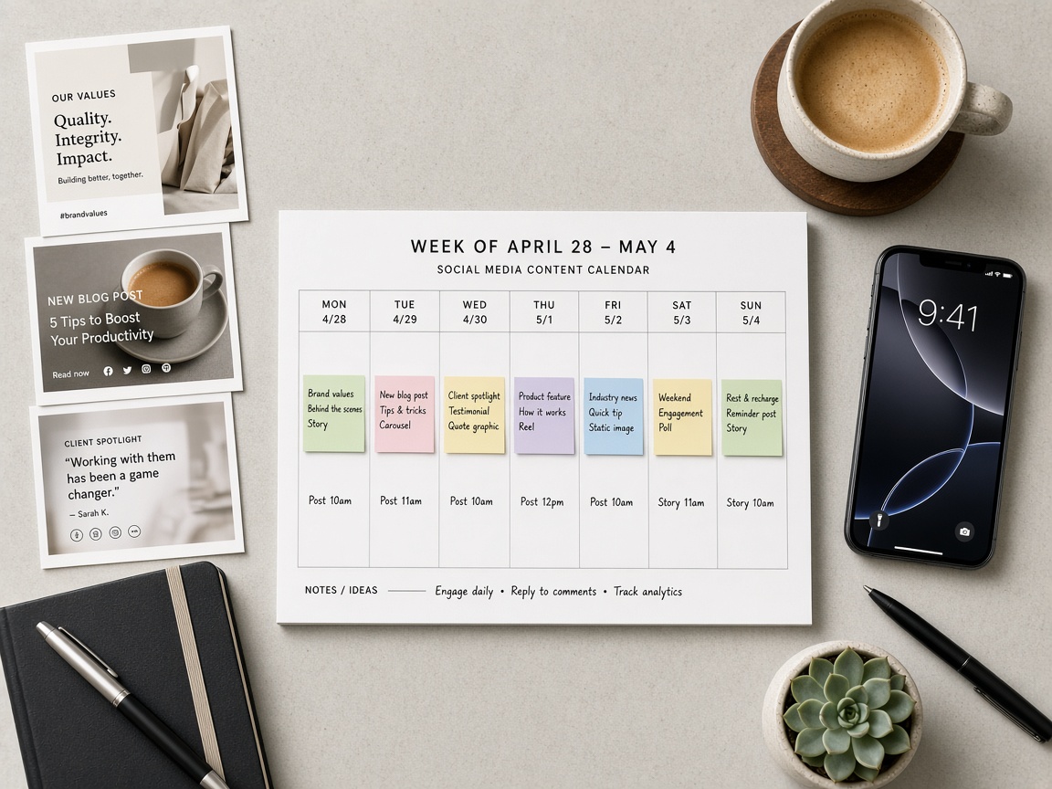 Weekly social media content calendar planner with post mockups on a desk