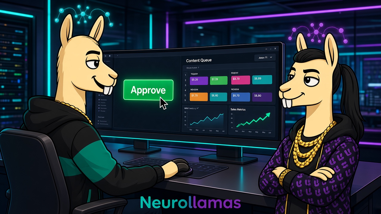 Neurollamas mascots approving a retail content autopilot queue on dual monitors
