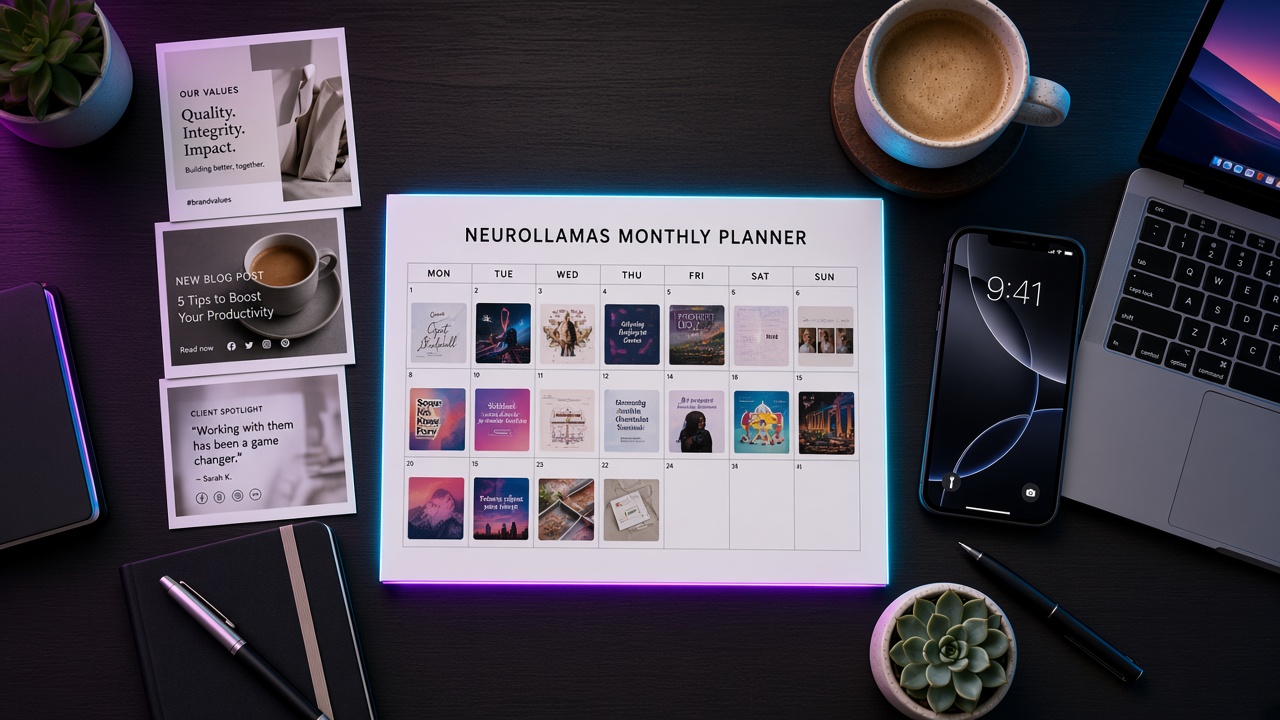 Monthly content grid on a desk in the Neurollamas cyan and magenta studio