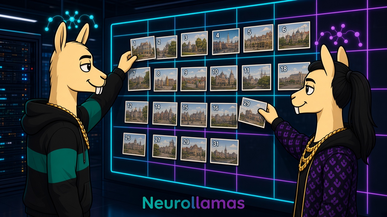 Neurollamas mascots filling a month of posts on a neon content wall