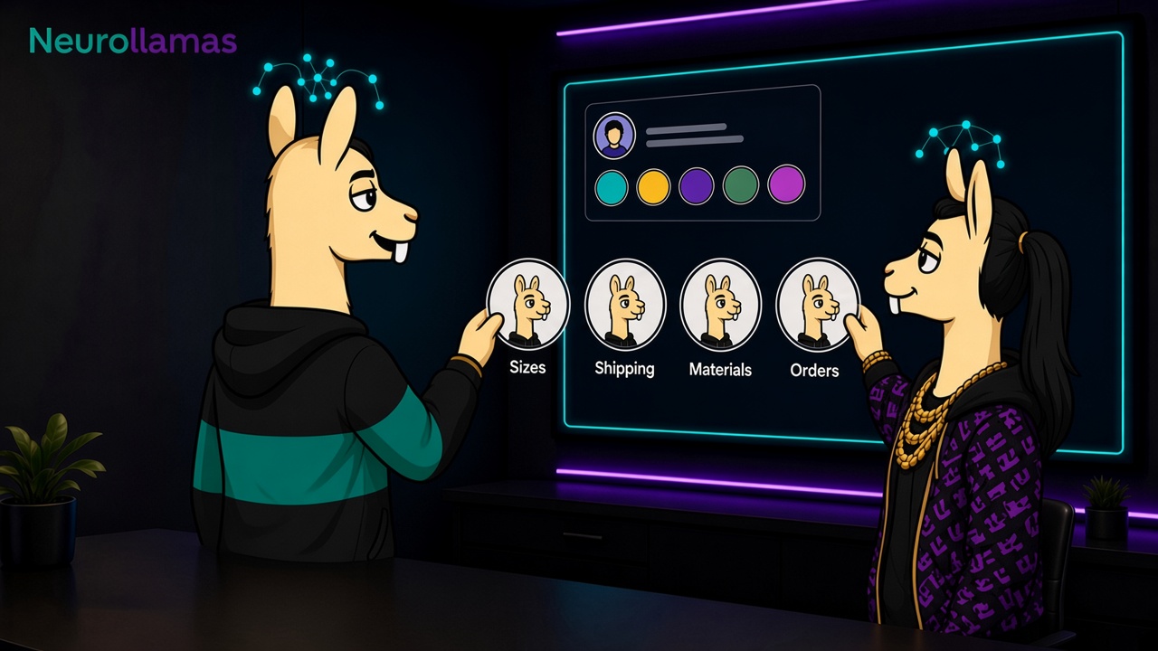 Neurollamas mascots arranging Instagram highlight covers for sizes, shipping, and materials