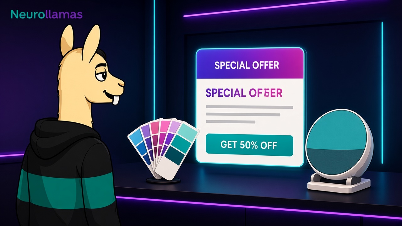 Color swatches, offer card, and product photo on a dark studio desk