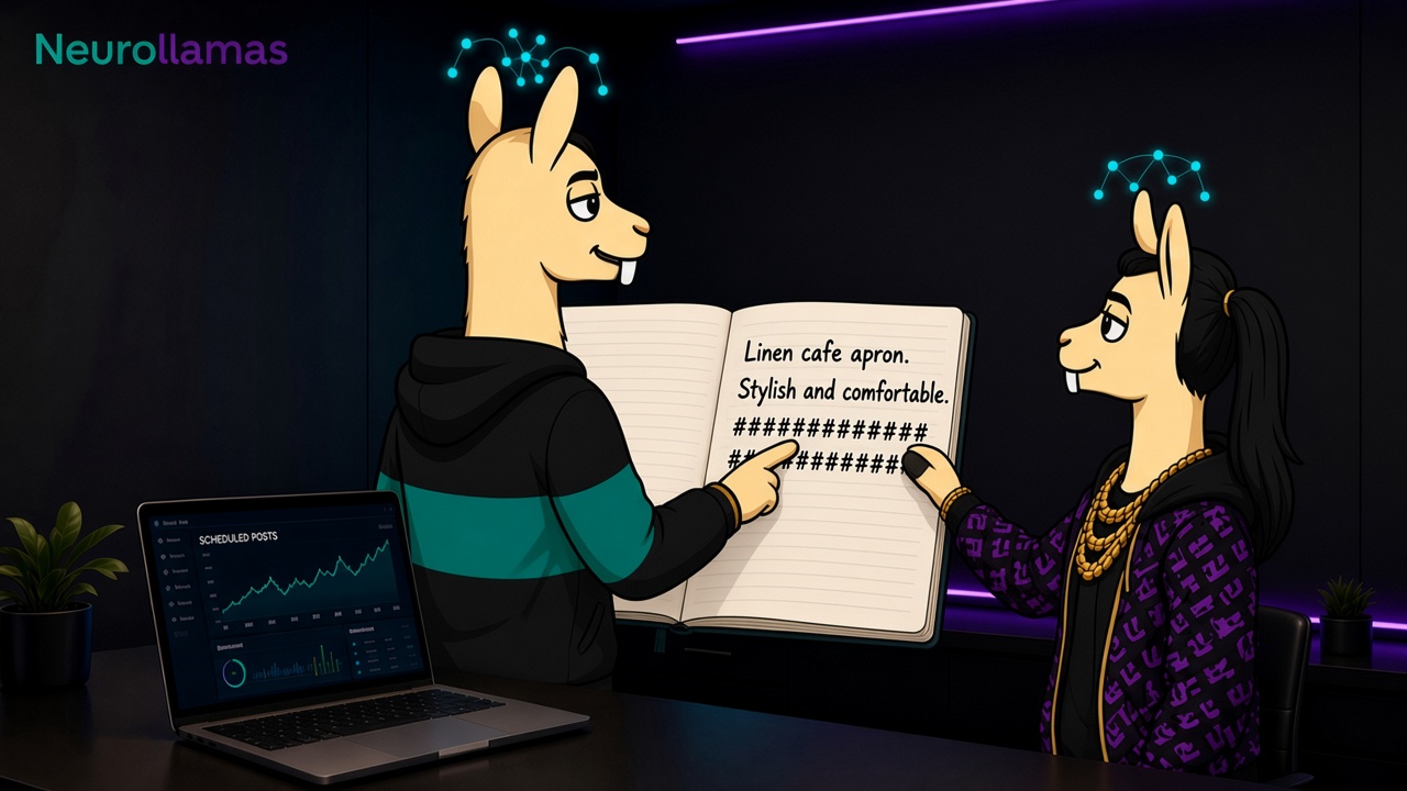 Neurollamas mascots covering a hashtag stack so the product name stays in the first caption line