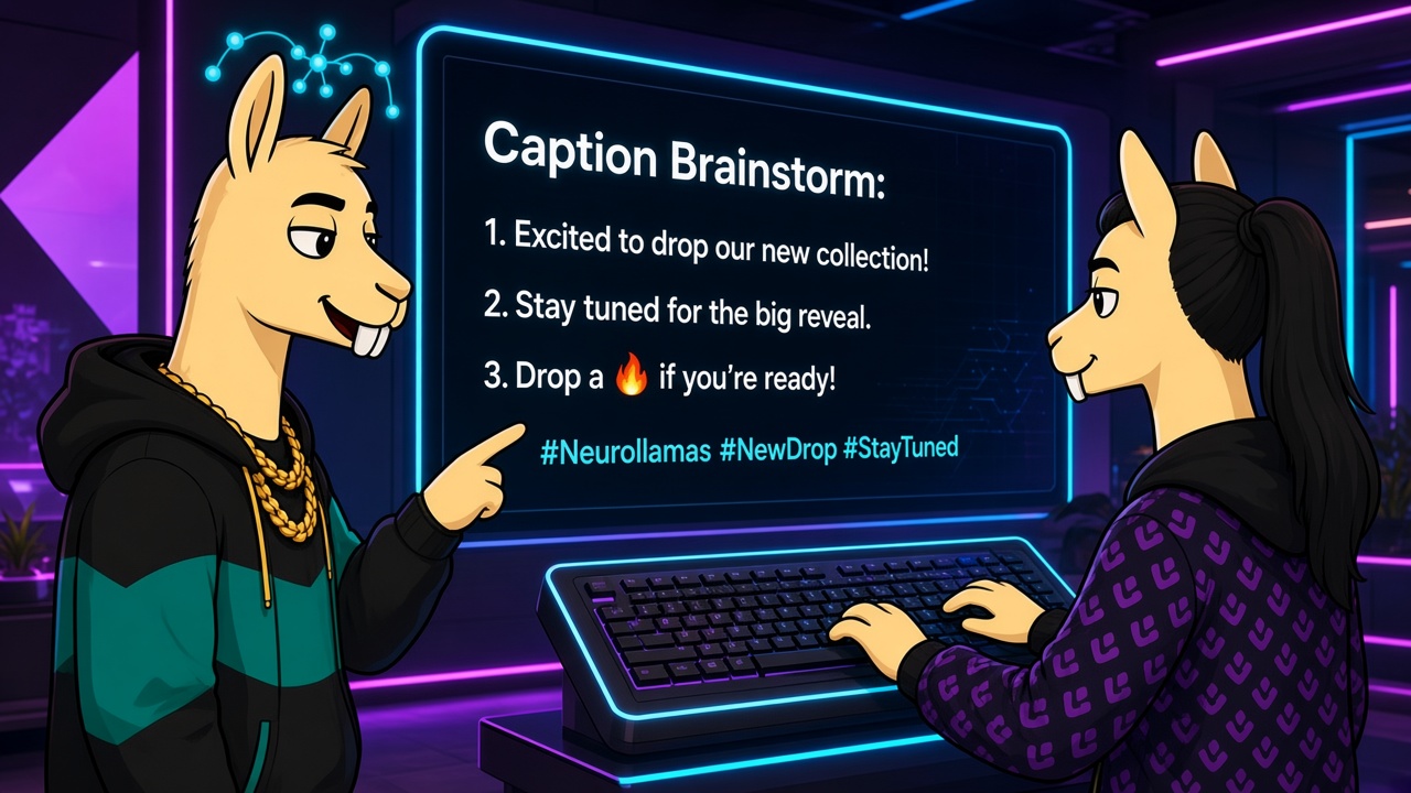 Neurollamas mascots writing Instagram captions on a studio screen