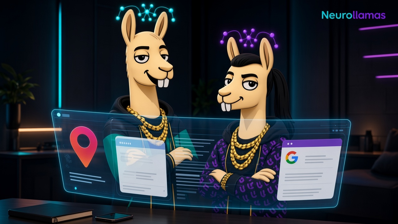 Caption notes on a desk lit with Neurollamas cyan and magenta light