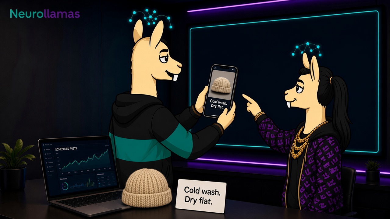 Neurollamas mascots making a care card that says cold wash and dry flat beside a wool cap
