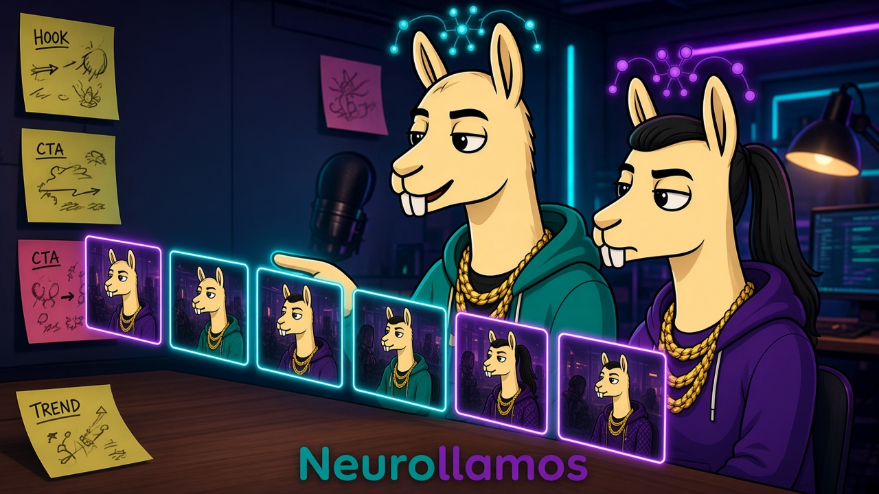 Neurollamas mascots arranging carousel slides in the cyan and magenta studio