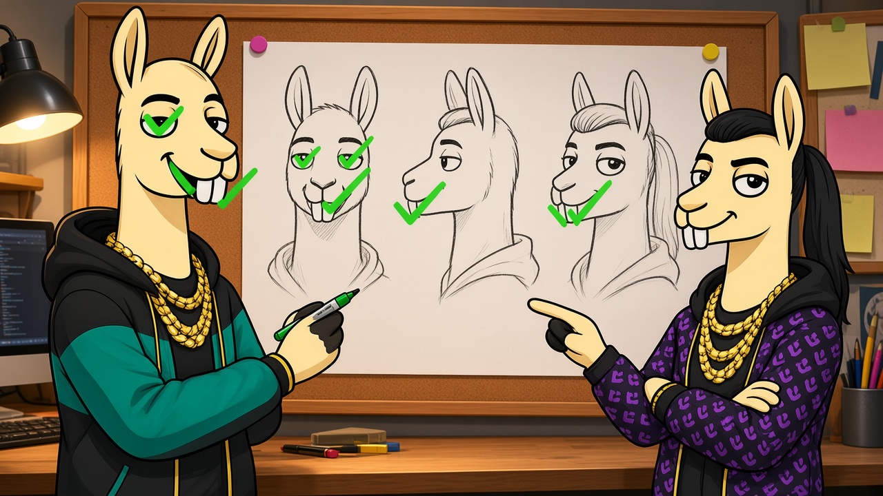 Neurollamas mascots checking brand character face consistency on a model sheet