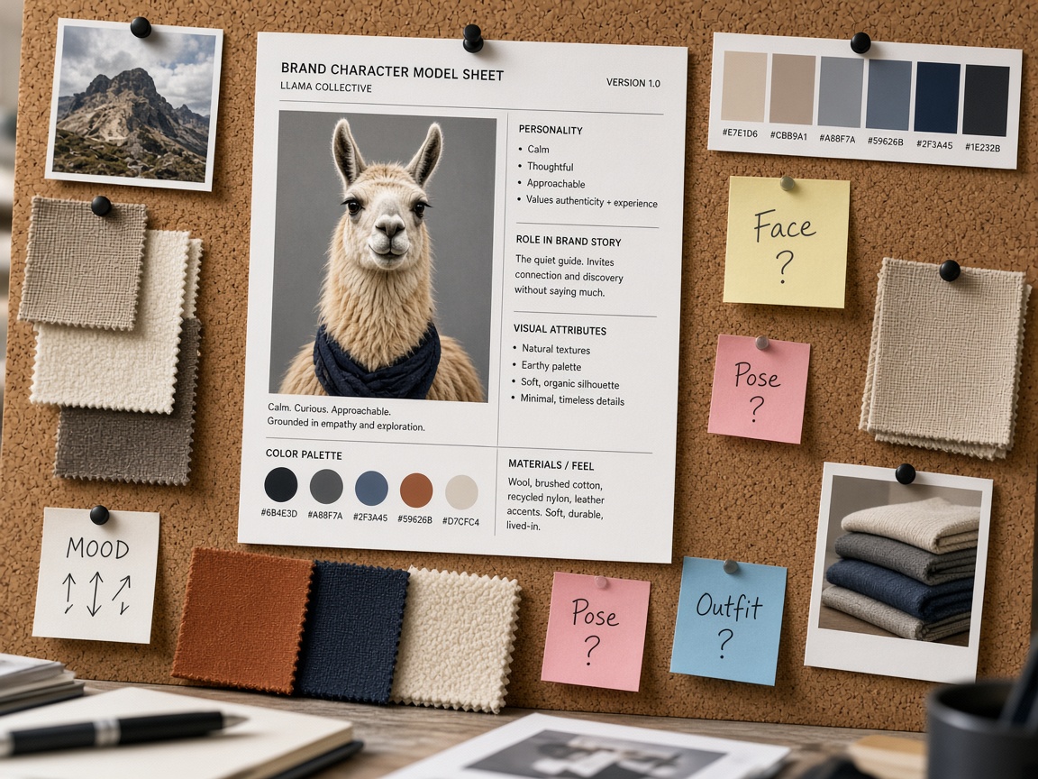 Printed brand character model sheet on a creative moodboard with color swatches