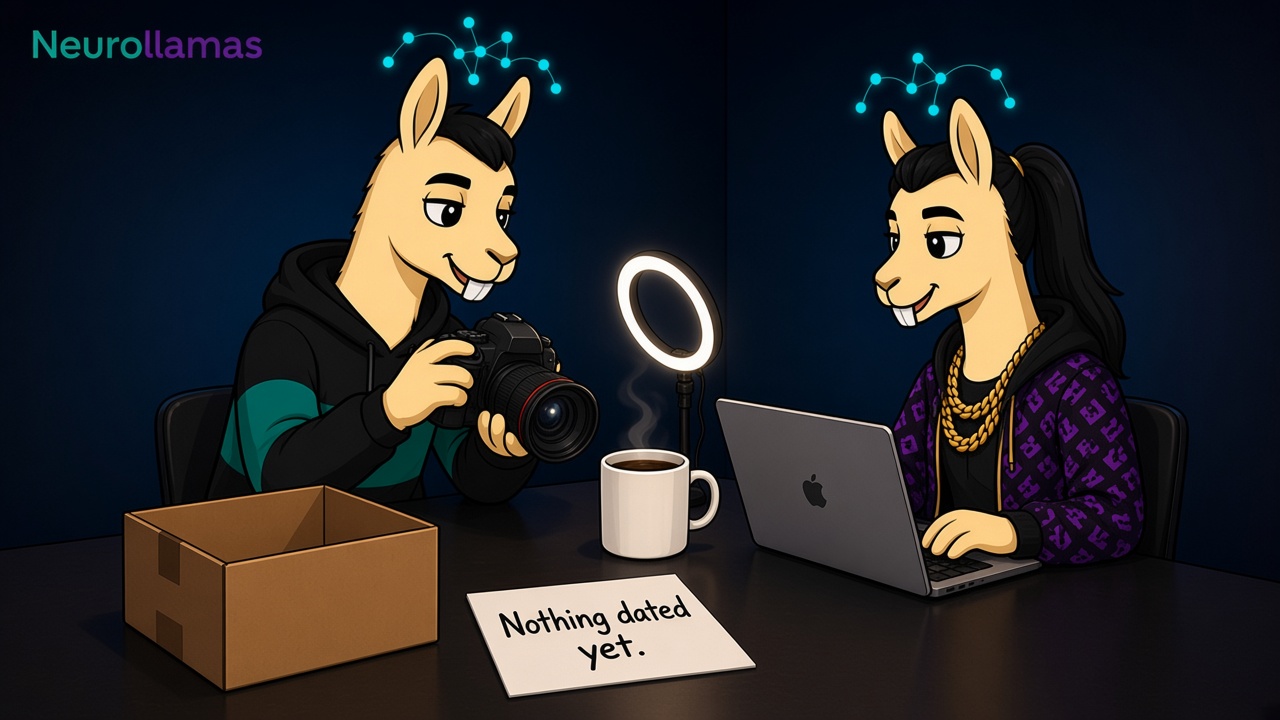 Neurollamas mascots photographing an in-stock mug while the delivery spot stays empty