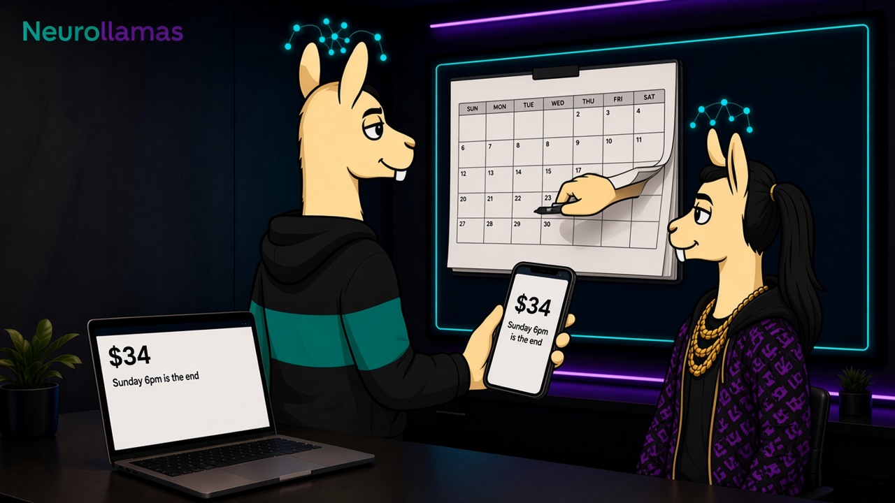 Neurollamas mascots checking a phone checkout that shows the offer price and Sunday as the end