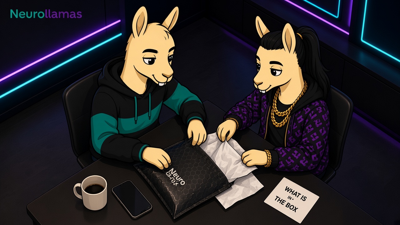 Neurollamas mascots packing a real mailer with a mug and a card that lists what is in the box