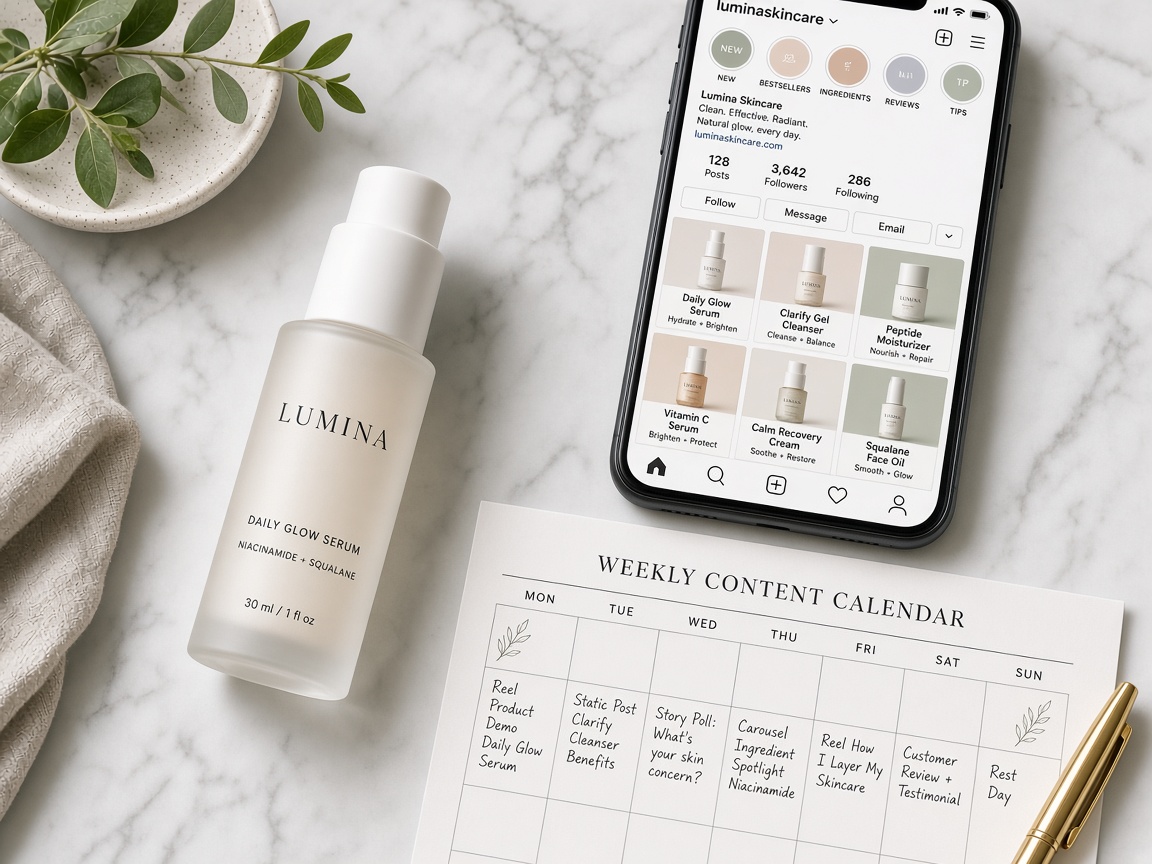 Product photo flat lay with Instagram grid mockups and weekly content calendar