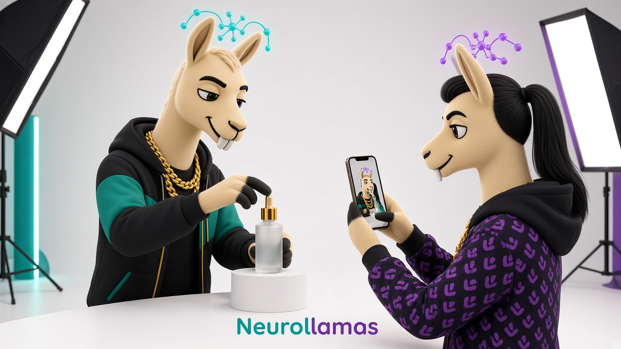 Neurollamas mascots photographing a product for a master Instagram photo