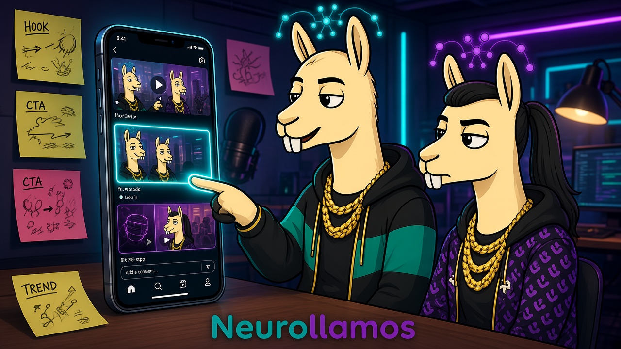 Neurollamas mascots reviewing AI Reel storyboard frames on a phone