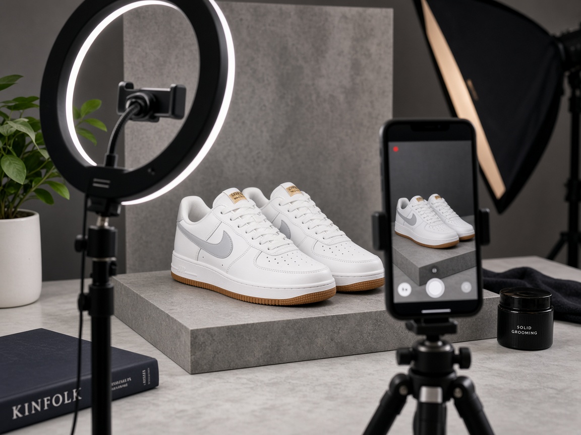 Product on a mini video set with ring light and phone on tripod filming a Reel