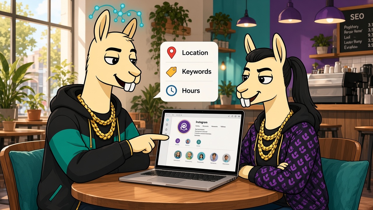 Neurollamas mascots optimizing a local shop Instagram profile for SEO