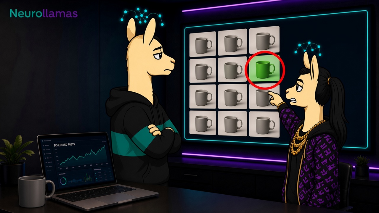 Neurollamas mascots rejecting one mug photo whose color drifted from the real product