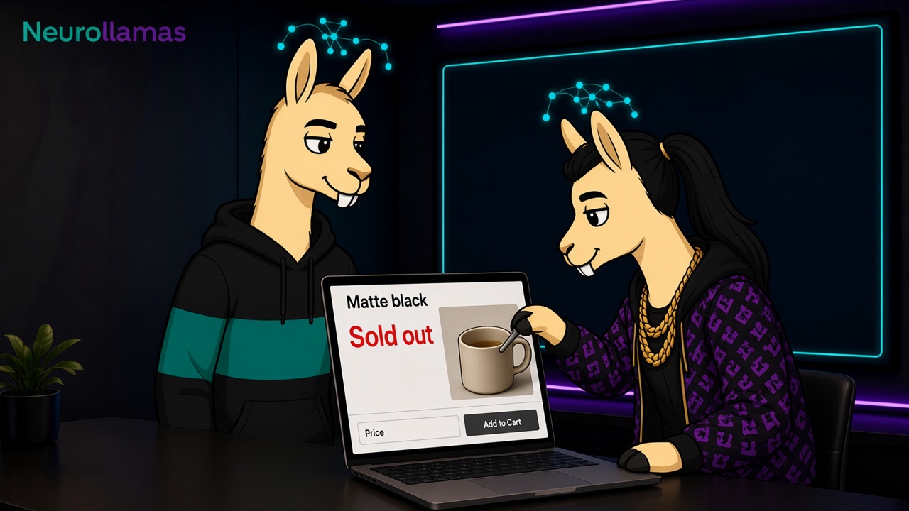 Neurollamas mascots updating a product page that says matte black is sold out