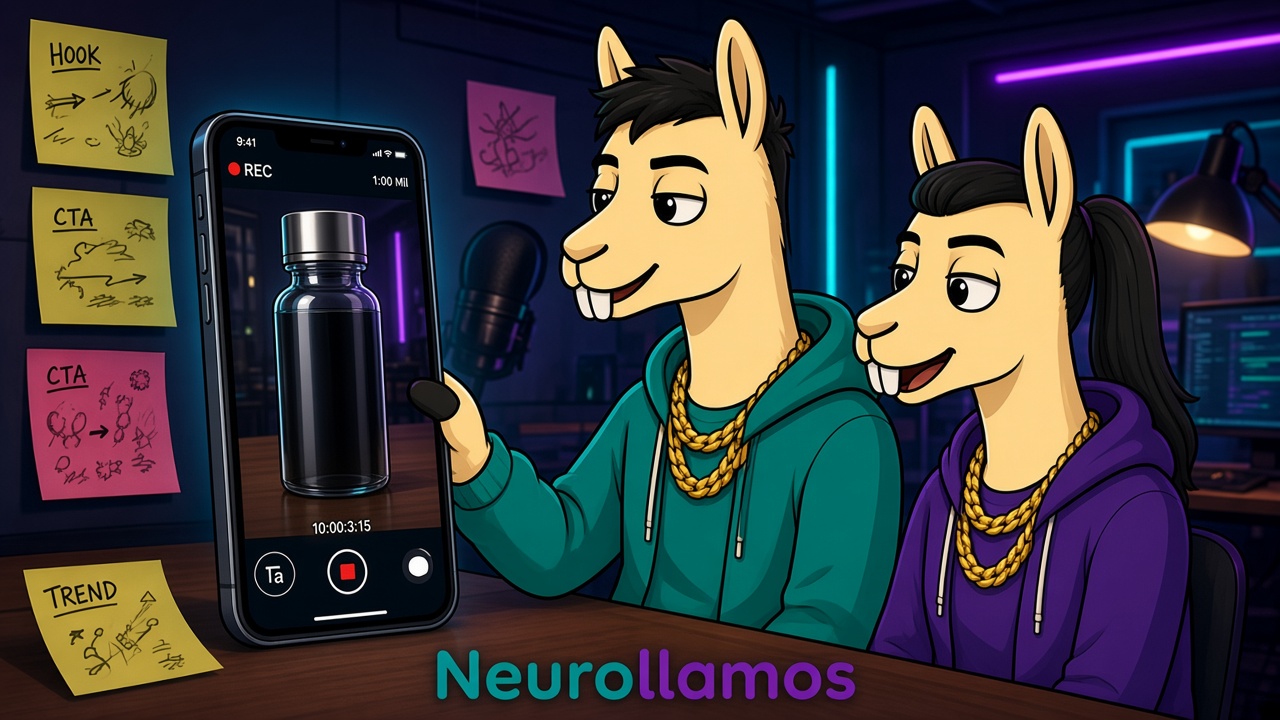 Neurollamas mascots filming a casual product Reel in the neon studio