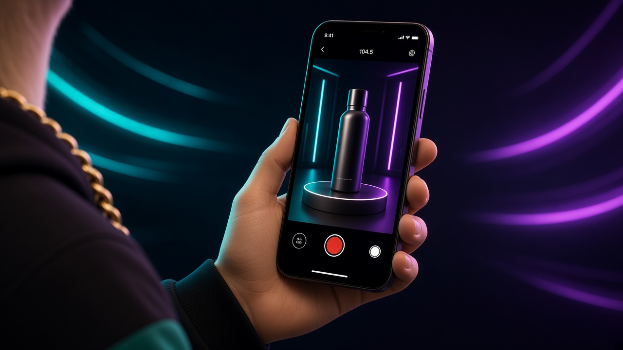 Hand filming a product bottle in Neurollamas cyan and magenta light